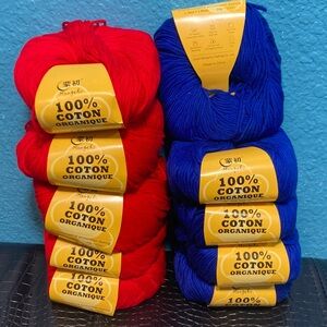 10 NWT (49g min each) Mengchu 100% Organic Cotton Yarn Real Red + Deep Sea Blue